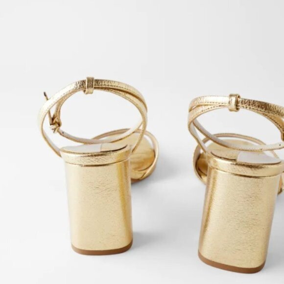 ZARA // ltd ed retro-chic block heel ankle strap faux leather gold - Picture 5 of 6